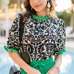 Women's Black & White Printed Blouse with Green Trim